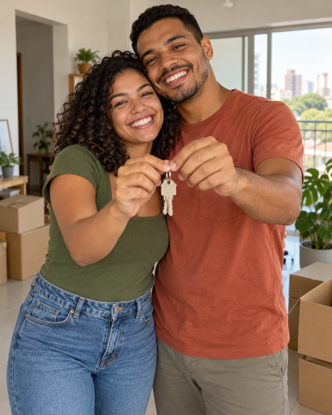 Casal brasileiro feliz mostrando as chaves de seu primeiro apartamento