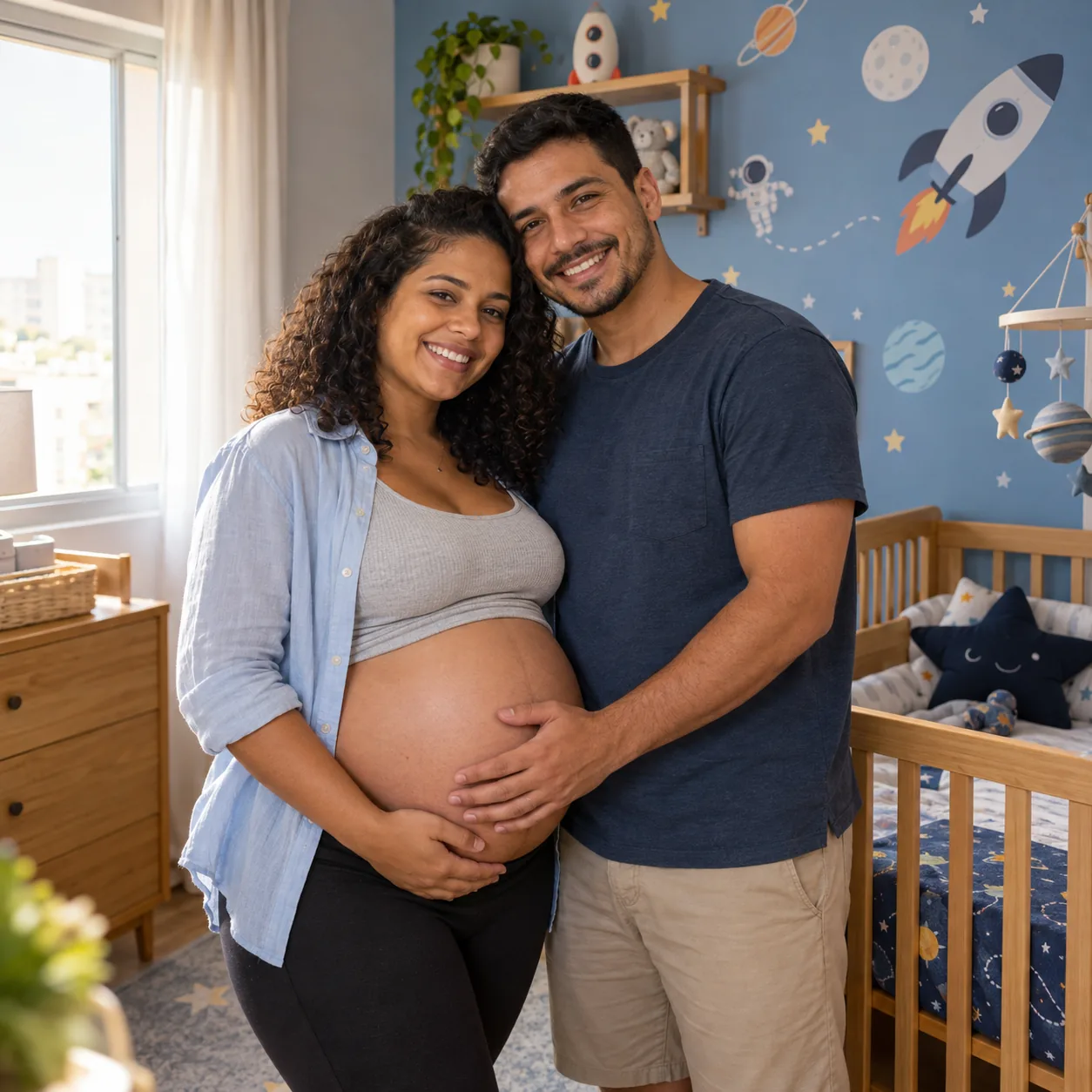 Mãe grávida e pai no quarto do bebê decorado com foguetes, planetas e estrelas
