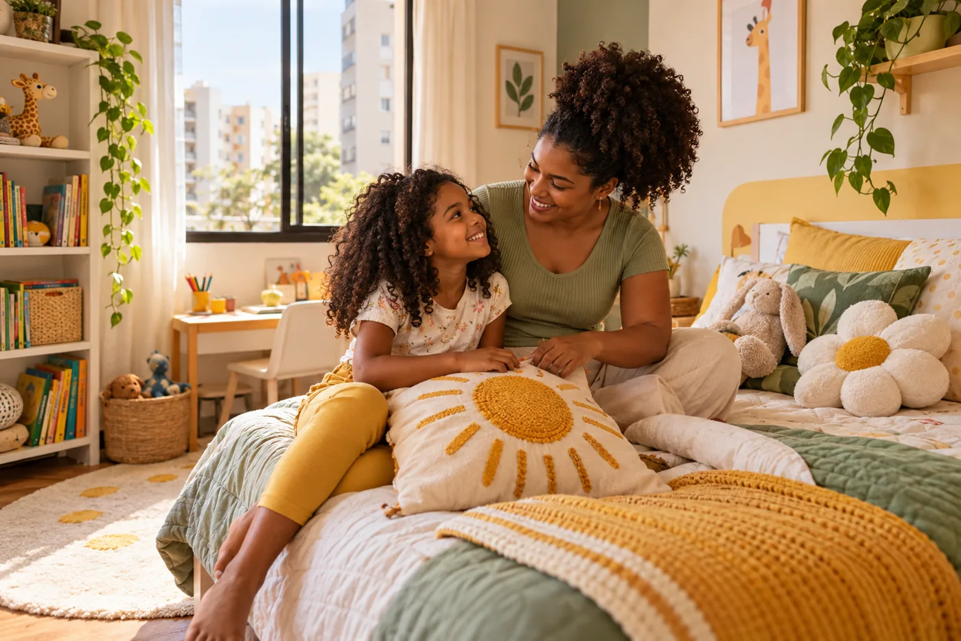 Mãe e filha brasileiras, de pele morena escura e cabelos crespos, em um quarto infantil decorado