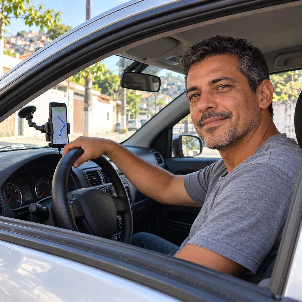 Motorista de aplicativo no carro com GPS